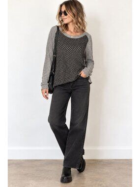 Le Lis Womens Sweater Size Large Brown Black Long Sleeve Mixed Media Made In USA
